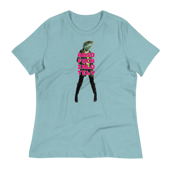 Light blue t-shirt with lizard graphic, relaxed fit for women, various sizes and sleeve lengths