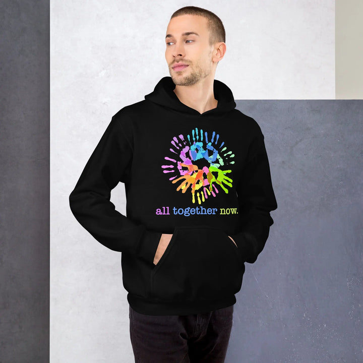 Cozy go-to hoodie: Black hoodie with colorful handprint design & ’all together now’ text