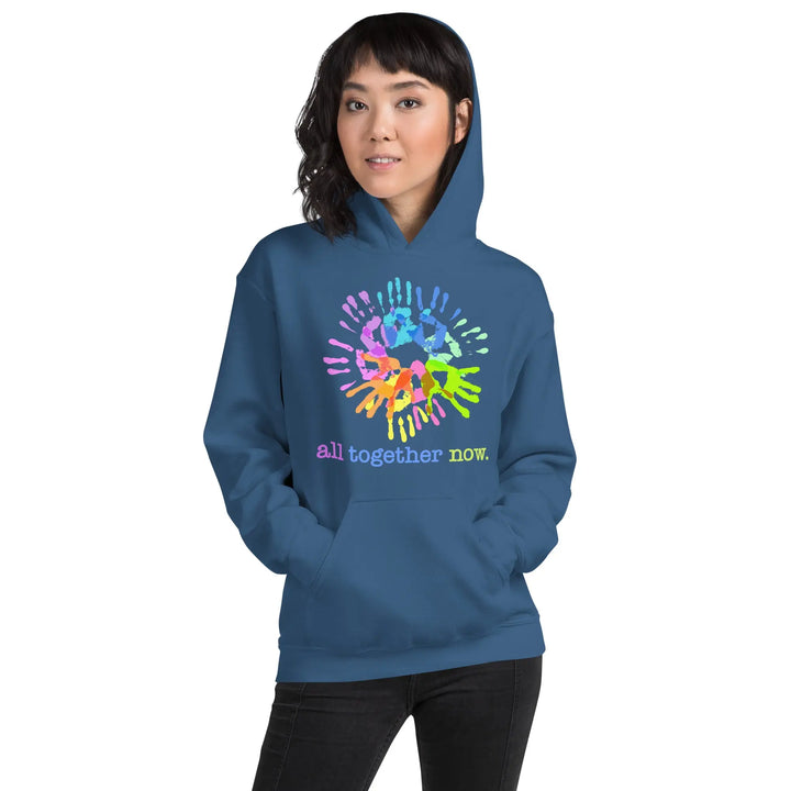 Cozy go-to hoodie with a colorful handprint and ’all together now’ text design