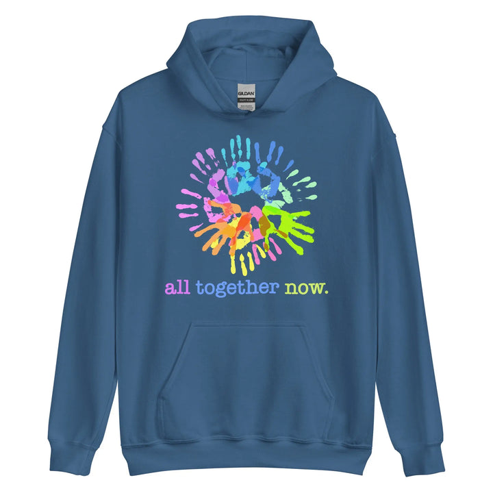 Cozy go-to hoodie: blue sweatshirt with colorful handprint and ’all together now’ text