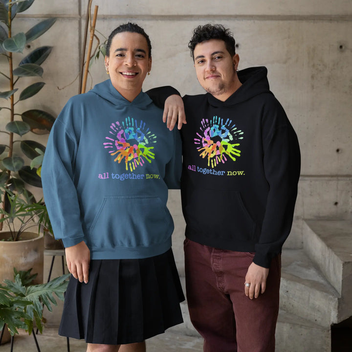 Two people in cozy go-to hoodies with ’all together now’ design, perfect for any occasion