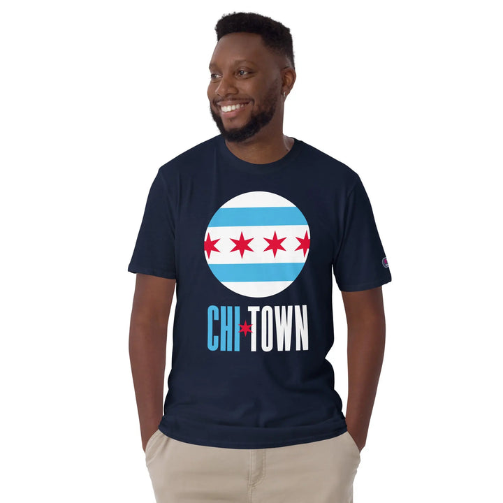 Smiling guy in navy T-shirt with Chicago flag design and ’CHI TOWN’ text, unisex streetwear