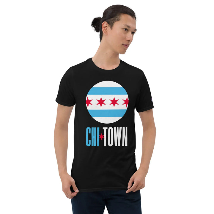 Black ring-spun cotton t-shirt with Chicago flag design and ’CHI-TOWN’ text