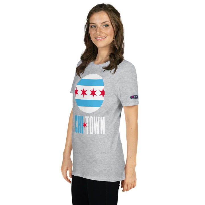Woman rocking a gray Chicago Flag Unisex T-Shirt, made of comfy ring-spun cotton
