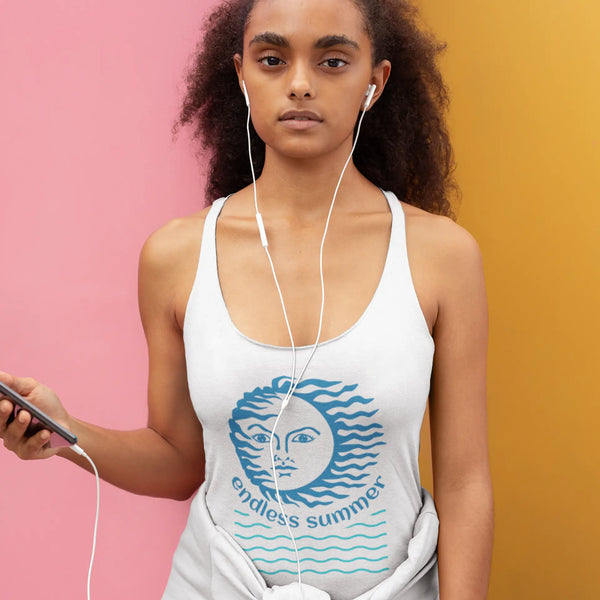 White tank top with blue sun and wave design Endless Summer women’s racerback tank