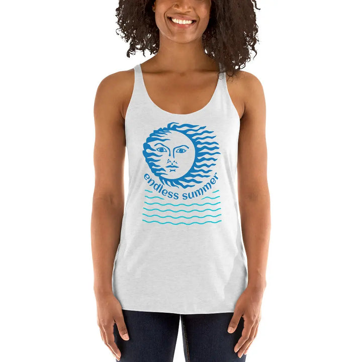 White tank top with blue sun-and-waves design Endless Summer Women’s Racerback Tank