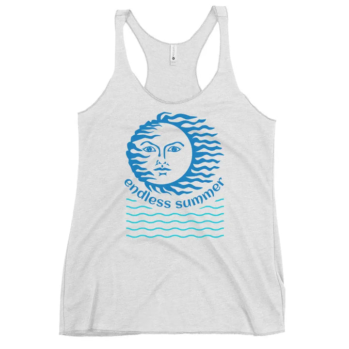 White tank top with blue sun face and Endless Summer text on women’s racerback tank