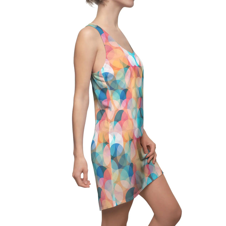 Stylish racerback dress with colorful geometric circles on a sleeveless mini design