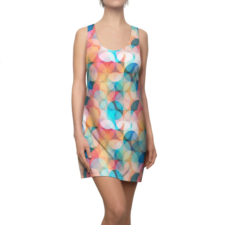 Colorful geometric circles on a sleeveless mini racerback dress for women