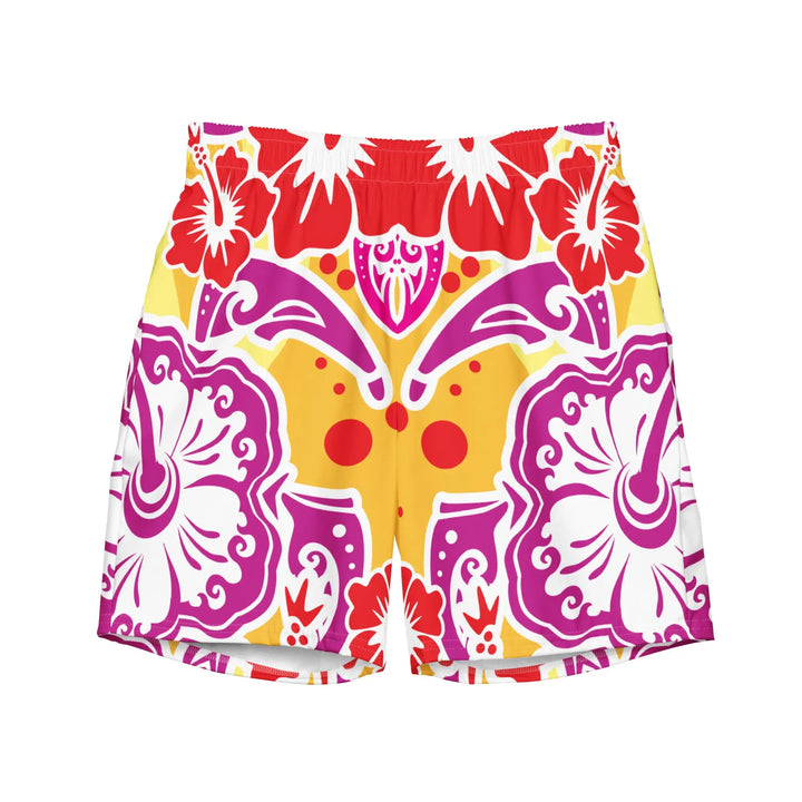 Colorful floral-patterned HAWAII BLOSSOMS Retro Board Shorts with hibiscus designs
