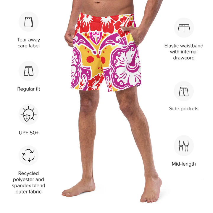 Colorful floral-patterned Hawaii Blossoms Retro Board Shorts with UPF 50 plus features displayed