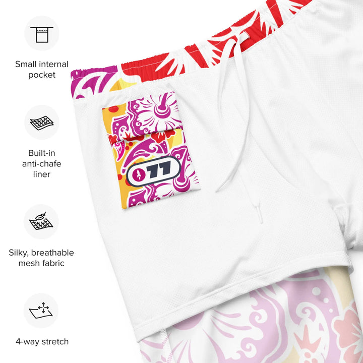 Colorful Hawaii Blossoms Retro Board Shorts with labeled features and UPF 50+ protection