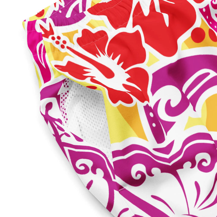 Colorful floral-patterned fabric for Hawaii Blossoms Retro Board Shorts UPF 50+
