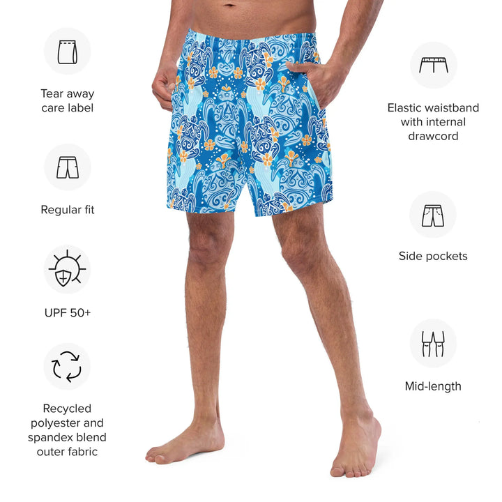 Blue and white patterned board shorts with yellow accents, Hawaii Turtles Retro design