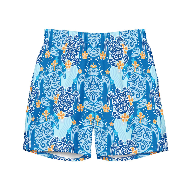 Blue patterned board shorts with orange floral accents, HAWAII TURTLES Retro Board Shorts UPF 50+