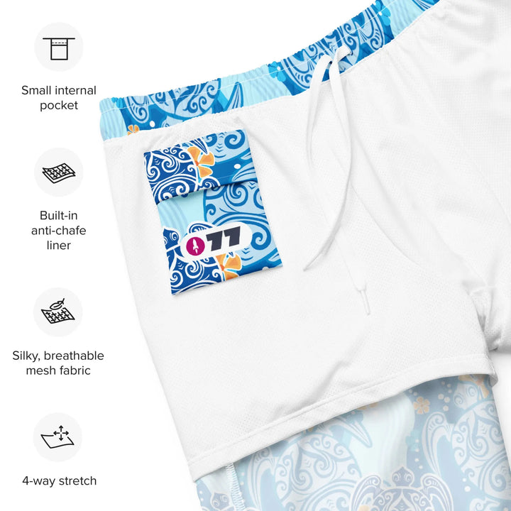 White athletic board shorts with blue waistband and pocket detail - Hawaii Turtles Retro