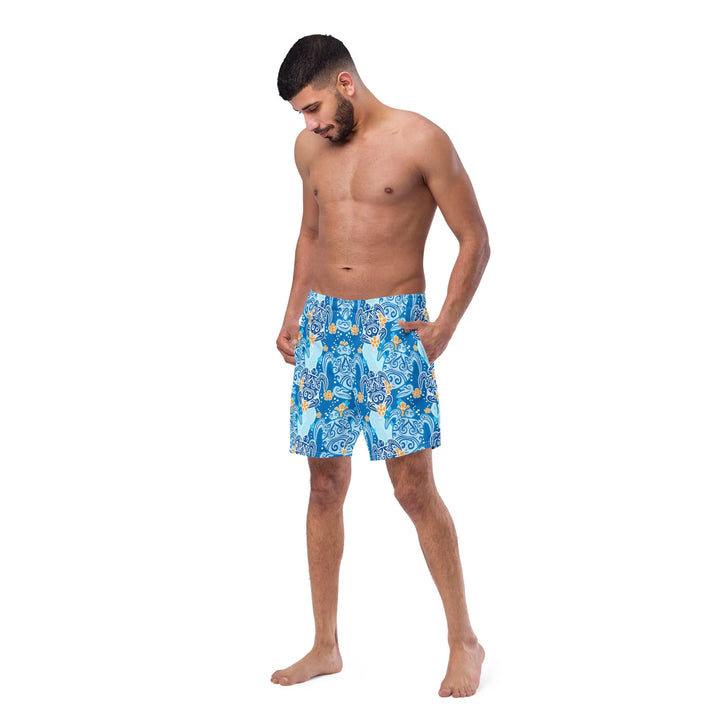 HAWAII TURTLES Retro Board Shorts worn by a shirtless man showing cool beach style