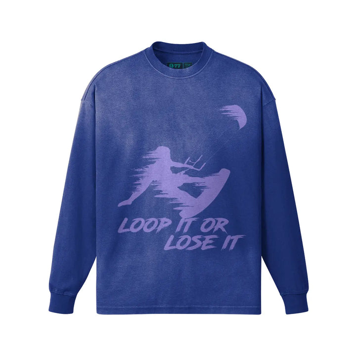 Kitesurf “Loop It or Lose It” Oversized Sun-Faded Long Sleeve Shirt 🌊🌞 - Byzantine Blue / S - Long Sleeve Shirt