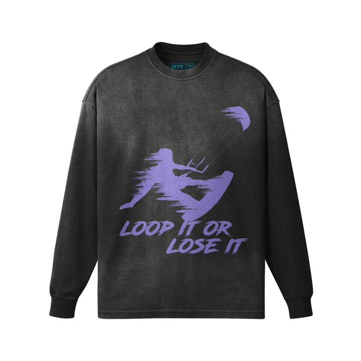 Kitesurf “Loop It or Lose It” Oversized Sun-Faded Long Sleeve Shirt 🌊🌞 - Smoky Black / M - Long Sleeve Shirt