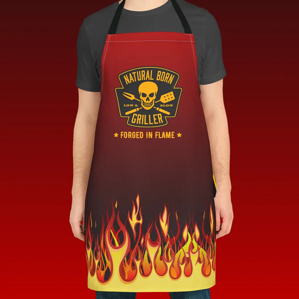 Apron, BBQ Natural Born Griller Flames Skull Crossed Grill Utensils