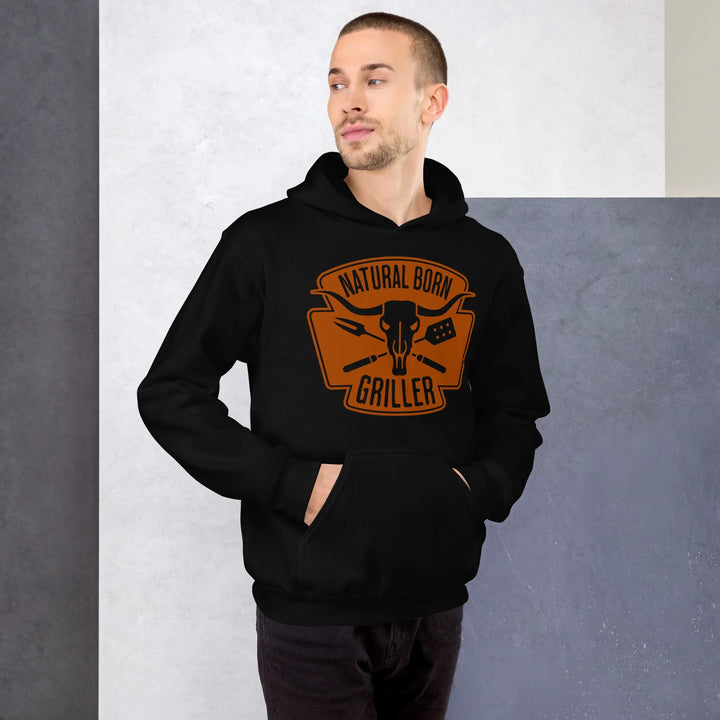 Black hoodie with orange ’Natural Born Griller’ bull skull logo and grilling tools