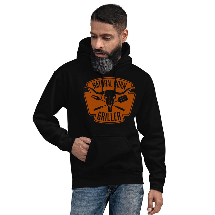Black hoodie featuring an orange ’Natural Born Griller’ logo with a bull skull and grilling tools