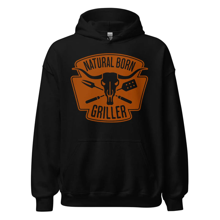 Black hoodie with ’Natural Born Griller’ logo of a bull skull and grilling utensils
