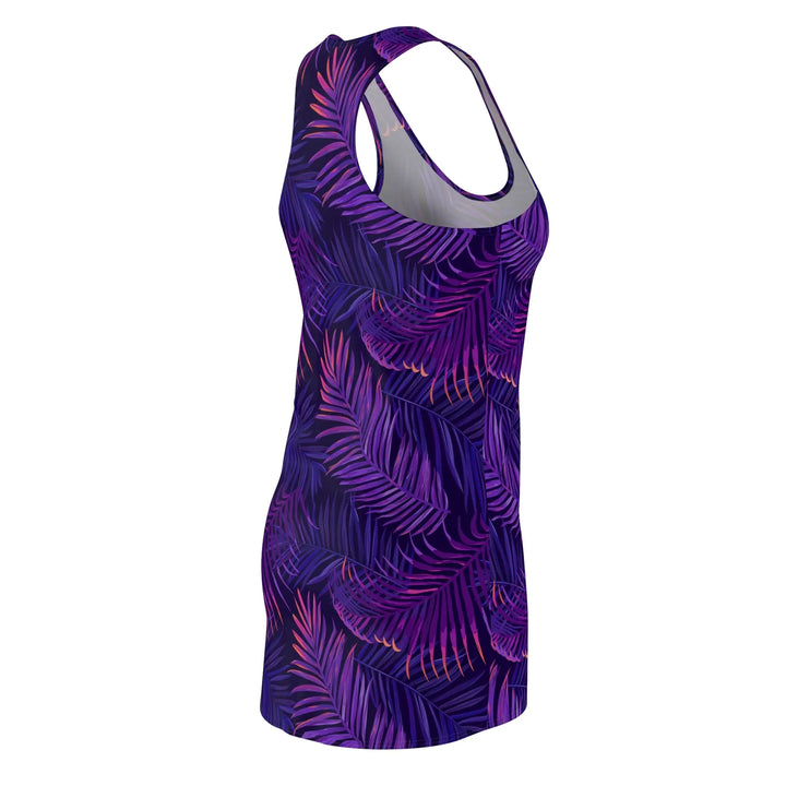 Neon Palm racerback dress - Sleeveless purple dress with vibrant tropical leaf pattern