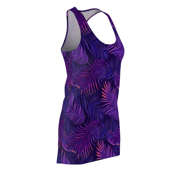 Neon Palm women’s racerback dress with purple sleeveless tank top & tropical leaf pattern