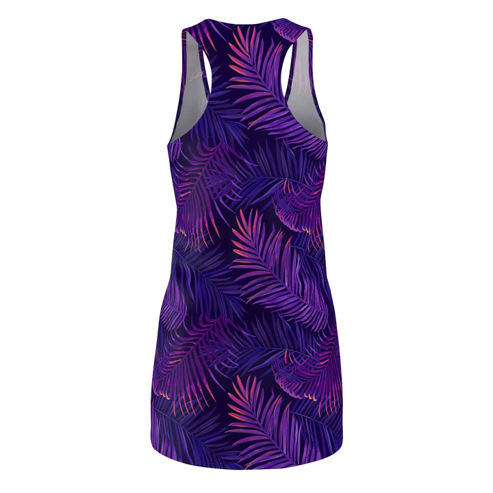 Neon Palm racerback dress: Sleeveless purple dress with tropical palm leaf pattern