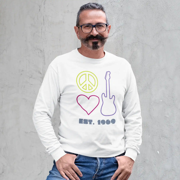 White sweatshirt with peace sign, heart, guitar, and ’EST. 1969’ - PEACE n LOVE n ROCK n ROLL