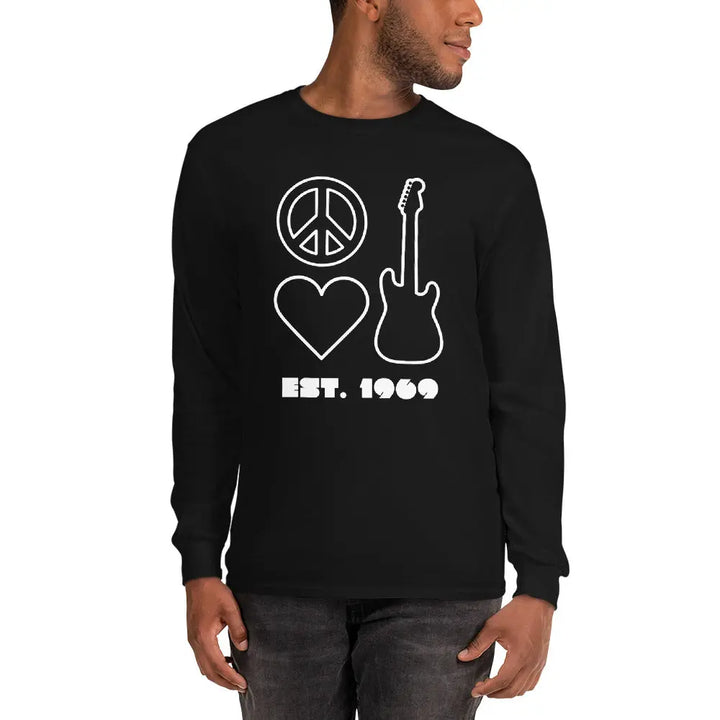 Black sweatshirt with peace, love, and rock n roll icons above ’EST. 1969’ text in white