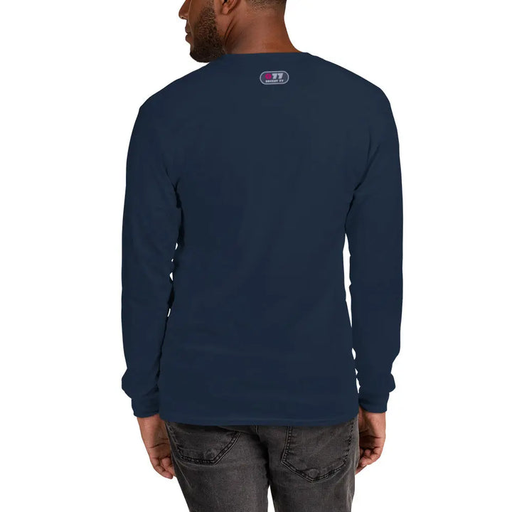 Navy blue PEACE n LOVE n ROCK n ROLL long-sleeved shirt with a small back logo