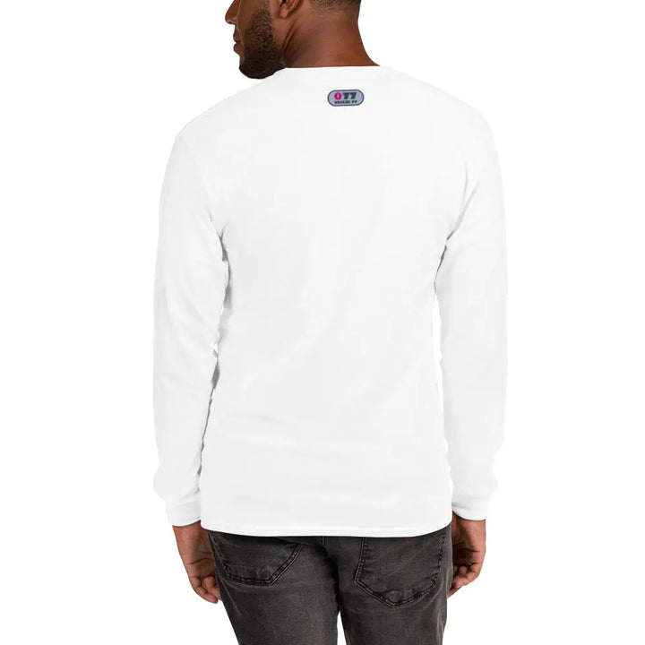White long-sleeved PEACE n LOVE n ROCK n ROLL shirt with logo on the back