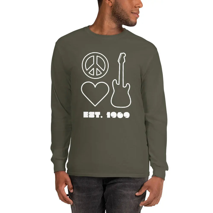 Olive green peace n love shirt with heart, guitar, and ’EST. 1969’ front print