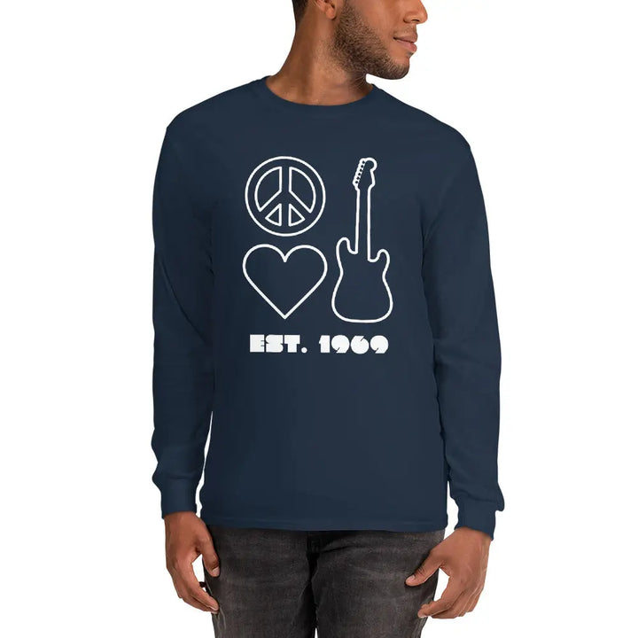 Navy blue long-sleeved shirt with peace n love n rock n roll icons and ’EST. 1969’ text