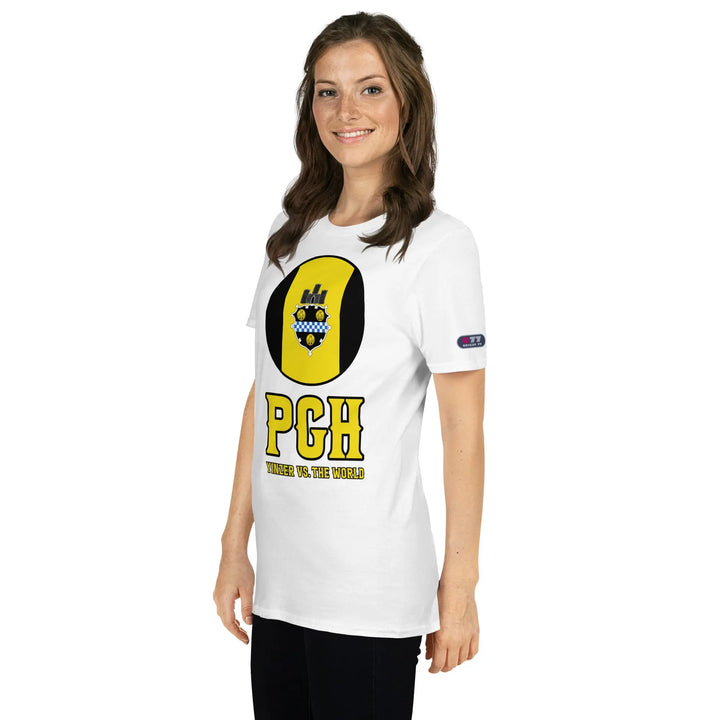 White t-shirt made of ring-spun cotton featuring a yellow and black ’PGH’ logo design