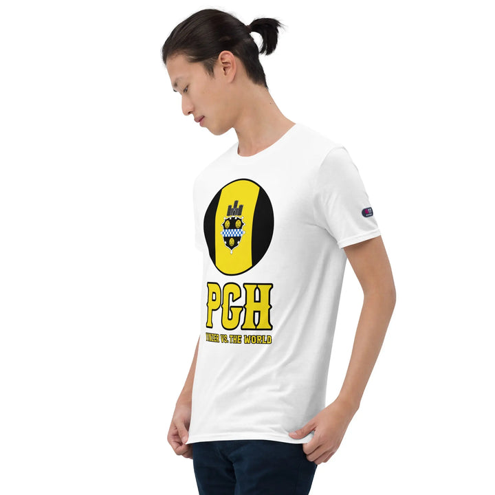 White ring-spun cotton t-shirt with yellow and black PGH logo on front – Yinzer vs. the World