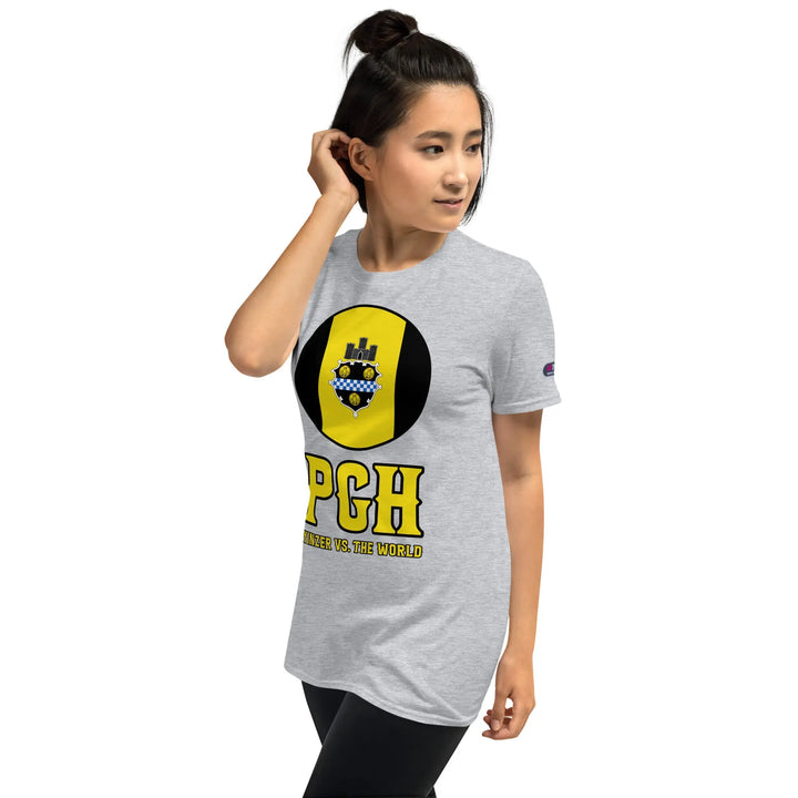 Gray ring-spun cotton t-shirt with yellow and black PGH logo design