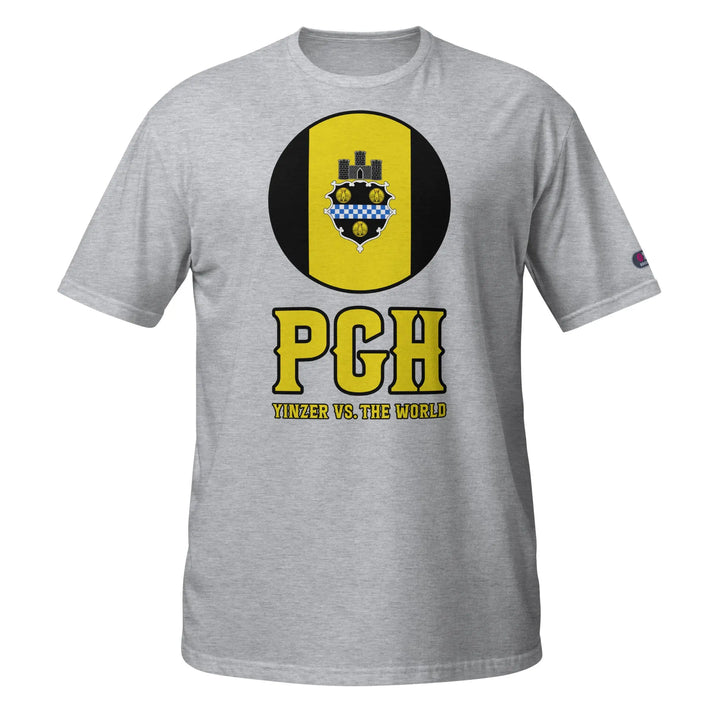 Gray ring-spun cotton t-shirt with PGH logo and ’Yinzer vs. The World’ slogan