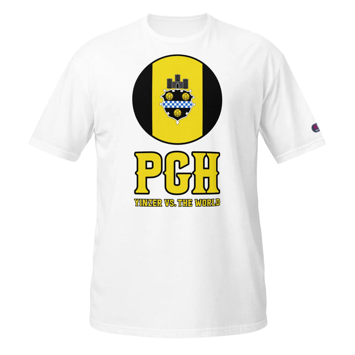 White t-shirt with circular logo and PGH design, made from ring-spun cotton