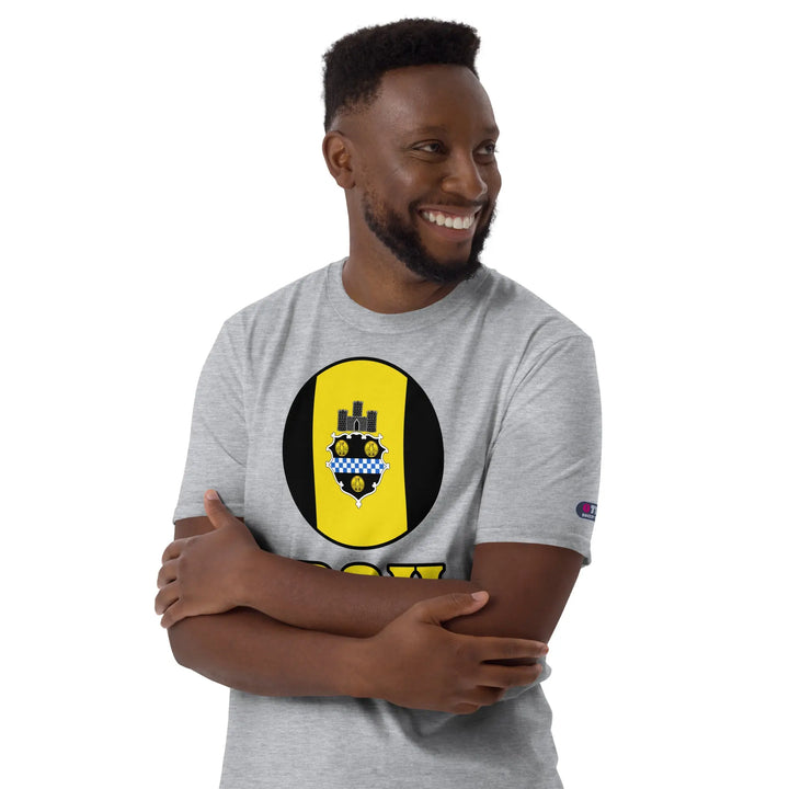 Smiling guy in gray ring-spun cotton t-shirt with PGH Yinzer vs. the world emblem
