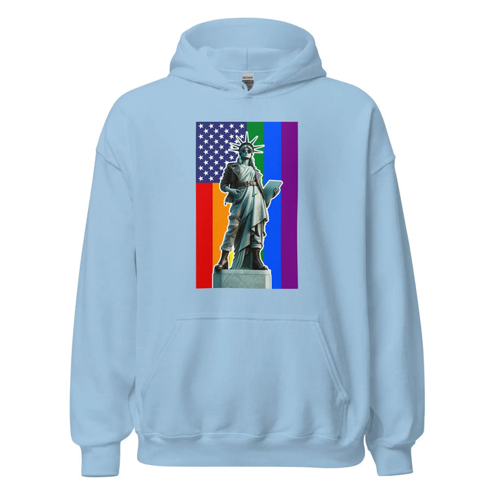 Pride N Liberty Unisex Hoodie featuring colorful Statue of Liberty and American flag design