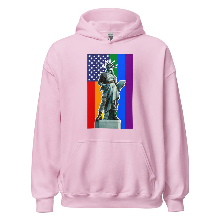 Pink hoodie with Statue of Liberty and rainbow flag, perfect for Gay Pride or LGBTQ+ Liberty events