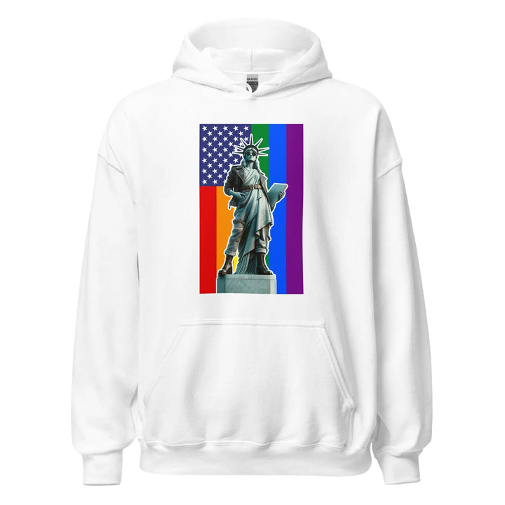 Unisex hoodie with colorful Statue of Liberty and American flag design - PRIDE N LIBERTY