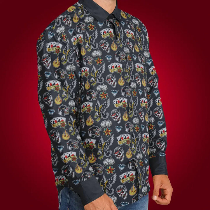 🎸 Rockabilly Tattoos Long Sleeve Button Down Shirt – Style Meets Attitude! - Long Sleeve Button Down Shirt