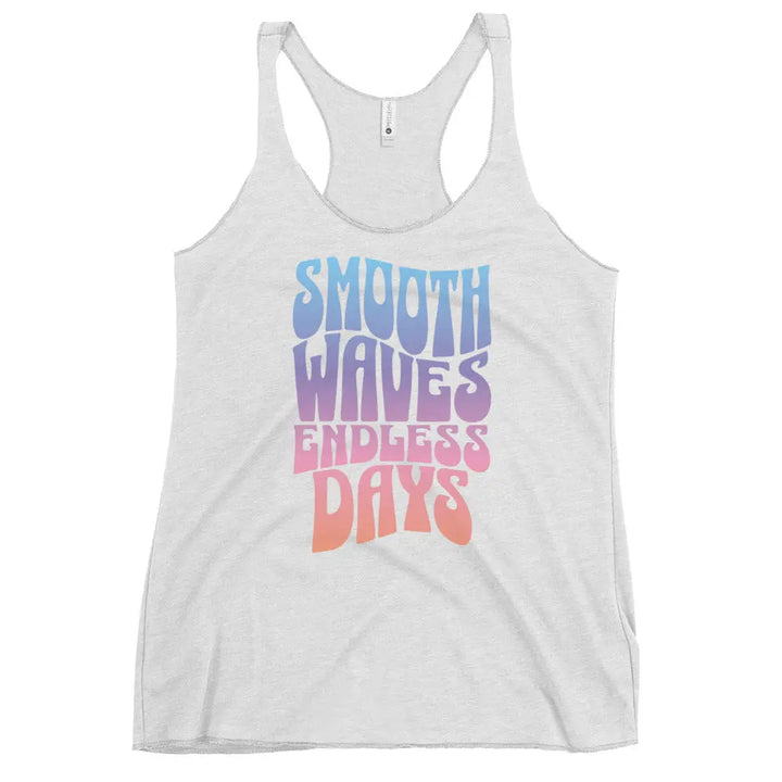 White women’s tank top with Smooth Waves Endless Days text on front