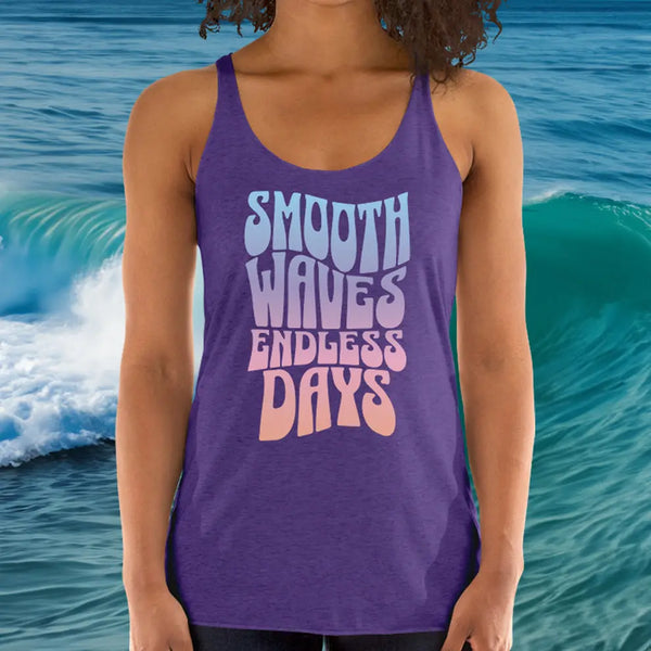 Purple tank top with Smooth Waves Endless Days text in retro-style for women