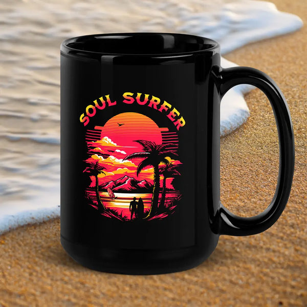 Black coffee mug with Soul Surfer beach scene design and glossy finish
