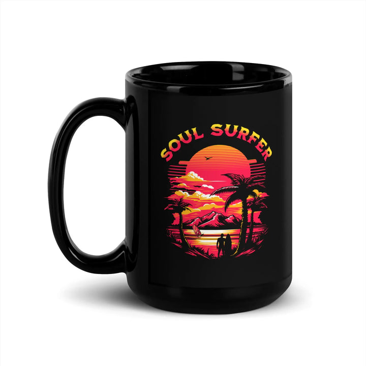 SOUL SURFER Black Glossy Mug showcasing vibrant beach sunset design